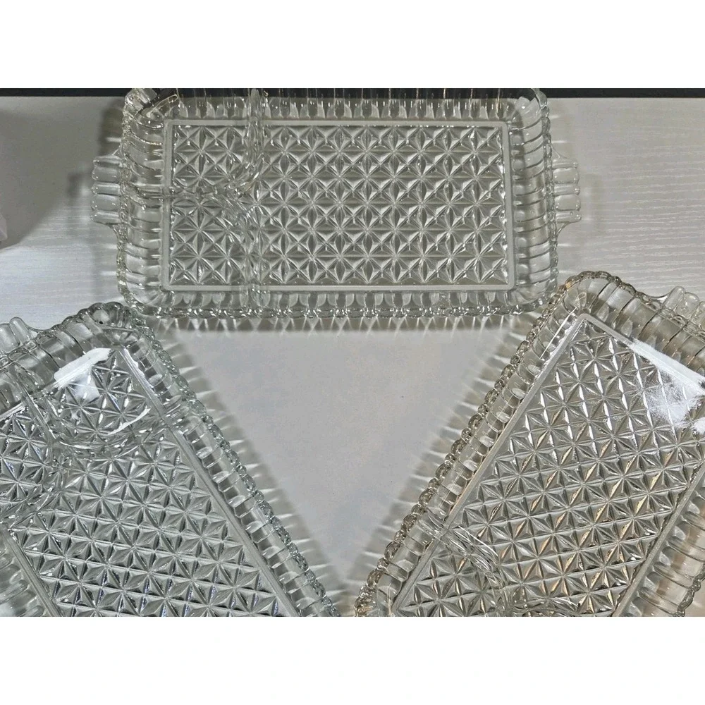 Vintage Anchor Hocking Cubist Glass Snack Plate Tray Mid-Century Set Of 3